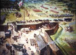 View of troops assembling at Fort Bedford during the Spring of 1758.